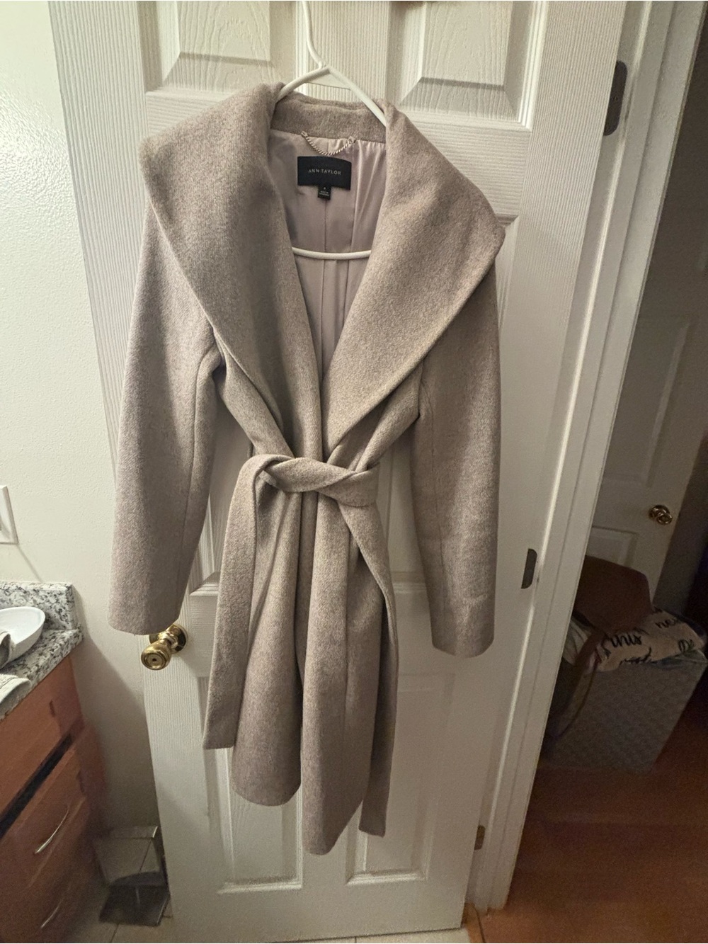 Ann Taylor Taupe Belted Shawl Collar Wool-Blend Coat